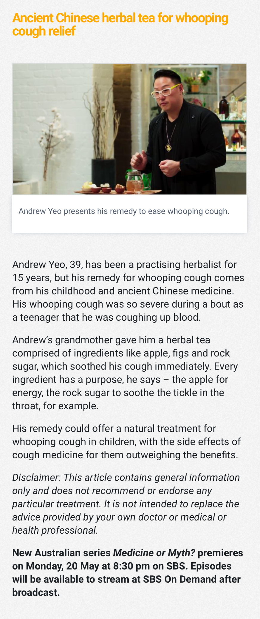 Andrew Yeo Teapot Teas sbs medicine or myth 2019